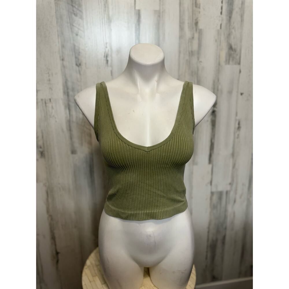 Seamless Ribbed V-Neck Crop Tank Top Womens M Sage Olive Green Bralette